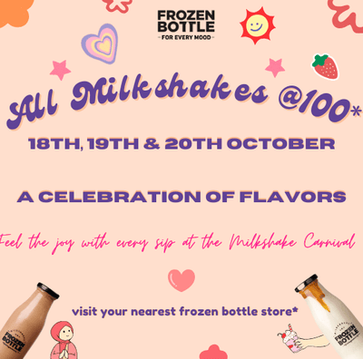Frozen Bottle Offer - Mega Milkshake Carnival is Back 20+ Flavors at ₹100!